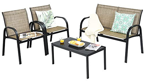 GOPLUS 4Pcs Ensemble de Salon de Jardin 4 Personnes en Tissu, Table Basse Jardin avec 1 Canapé+2 Fauteuils Jardin avec Accoudoir Lisse, pour Balcon, Terrasse, Patio,Charge 240+120+40KG, Gris