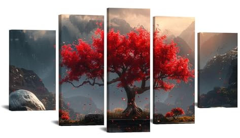 JOSUE 5 Pcs Toile Arbre De Vie Tableau Arbre de vie rouge Tableau Decoration Murale Sur Toile,Rouge CZ Tableau DéCor Murale Chambre Coucher Cuisine Restaurant- 50x100cm Encadrée