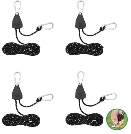4 Pièces Corde de Tente Réfléchissante Kit, 4M Corde Tente Camping avec Tendeur, Cordes à Cliquet pour Camping, Randonnée, Pique-Nique, Activités de Plein Air, Auvents, Tentes (Noir)