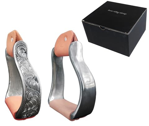 LKYLVEE Marron,13cm, Cheval Selle étriers Western Aluminium torsadé gravé sculpté Aluminium étriers Western Cowboy étrier Wrap en Cuir véritable