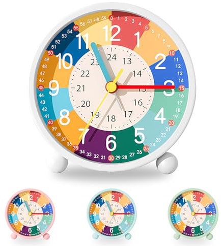 Idota Wecker Kinder, Wecker Analog Ohne Ticken Lernwecker Kinder mit Nachtlicht Kinderwecker mit Sanfter Weckklingelton Batteriebetriebene Weckuhr (Ohne Akku) Mädchen Jungen für Schulanfänge - Weiß