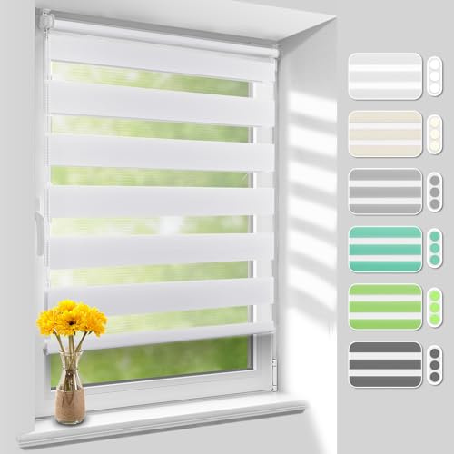 Homland Doppelrollo Klemmfix ohne Bohren B45 x H80 cm(Stoffbreite 40cm) Weiß, Duo Rollo, Rollo Klemmrollos lichtdurchlässig & verdunkelnd, Verstellbar Fensterrollo Sonnenschutz