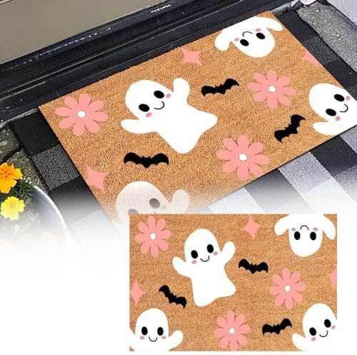 Generic Halloween Ghost Welcome Doormat, Pink, 23.6x15.7 Inches, Non Slip, High Pile, Tufted, Water Resistant, Spot Clean Only, Entryway, Halloween Decor