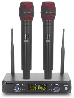 Solinder kabelloses Mikrofon Drahtloses Mikrofonsystem mit 2 Handmikrofonen VHF UHF Funkmikrofon für Heimkinos Soundkarten Lautsprecher Mischpulte Professionelle kabellose dynamische Niederfrequenzmik