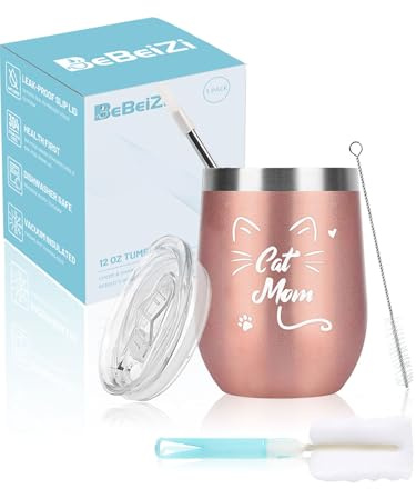 BeBeiZi Geschenke für Mama, Edelstahl Weinglas mit Cat Mom Beste Mom der Welt, Vakuumisoliert Thermobecher to go mit Deckel und Strohhalm, Geburtstagsgeschenk für Mama, Weihnachtsgeschenke, 350ml