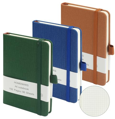 HOMEMARS Notizbuch A6, 3 Stück, Notizbuch Kariert, 14.4cm x 9.6cm Notizblock, Kariert, 192 Seiten, Notizheft, Notizblock,Braun Grün Blau