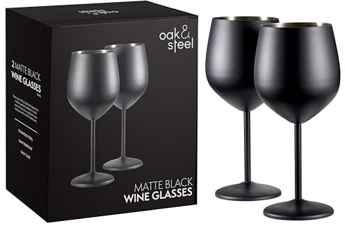 Oak & Steel Premium Edelstahl-Weingläser in Matt-Schwarz (2 Stück, 540ml) - Bruchsichere Wein- und Cocktailgläser mit großem Volumen - Inklusive edler Geschenkbox