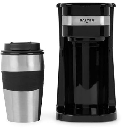 Salter Cafetera de un solo vaso Máquina de cafe de filtro, filtro lavable y reutilizable, incluye taza de viaje de acero inoxidable de 420ml, hace café en 3-4 minutos, apta para café molido/pads.