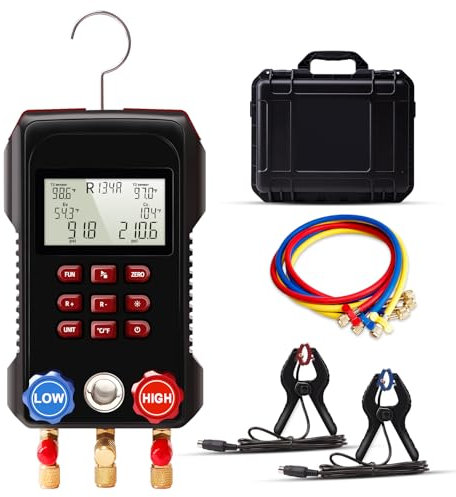 ThermElc AMF-300 Digitale Monteurhilfe Manifold Gauge Set, HVAC System Manifold Messgeräte für 93 Arten Kältemittel mit 2 Temperatur-Clips & 3000 Psi Schläuchen, Digitale Verteiler Klimaanlage