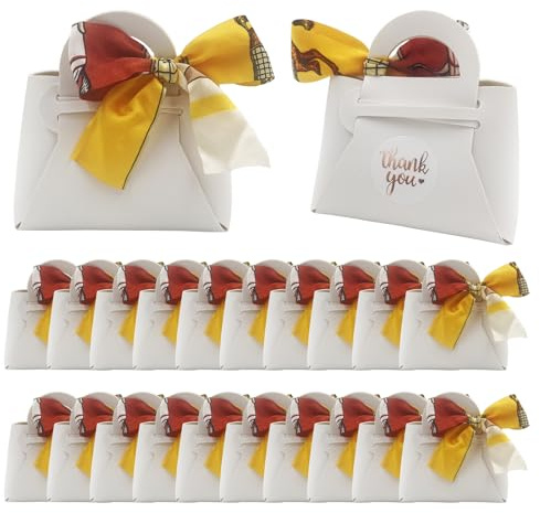 DUGYIRS 20 Stück PU-Leder Geschenktaschen mit Satinband,Wiederverwendbare Geschenkboxen für Hochzeiten,Geburtstag,Baby Showers,Süßigkeiten(Weiß)