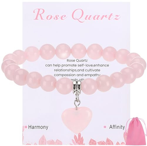ViEinkaufen Rose Quartz Bracelet for Women, 8mm Pink Heart Crystal Beaded Bracelets with Small Gift Bag, Nature Stone Spiritual Healing Jewellry Gifts for Women Birthday Mother’s Day Anniversary