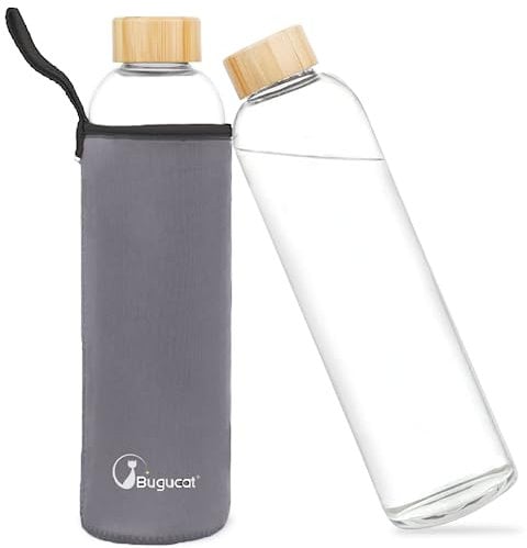 Bugucat Gourde en verre 1 l, bouteille d'eau en verre borosilicate, carafe pour smoothies, jus, eau et boissons, passe au lave-vaisselle, gris foncé