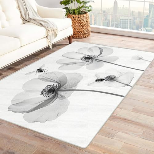 HOQIU Teppiche Modern Bienen- und blühende Blumenprints Amazon Teppich, Wohnzimmer Teppich, Teppiche Wohnzimmer Bunt, Carpet Bedroom, Zimmer Deko.(Schwarz-Weiß)-120x180cm