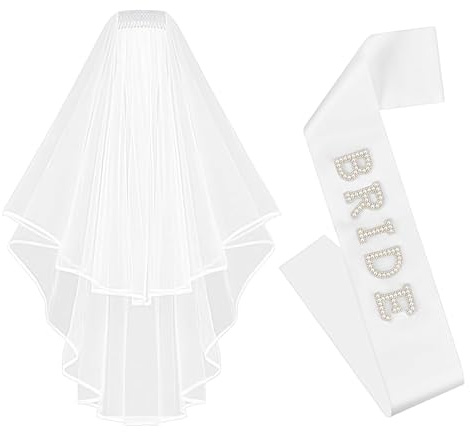 LunarCharm 2-teiliges Set Schärpe für die zukünftige Braut, weißer Brautschleier für Hochzeit, Braut, Perlen-Satin-Schärpe, doppelseitiger Kaskadenschleier mit Kamm