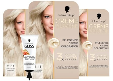 Schwarzkopf Creme Supreme Coloration 11-11 Ultra-Helles Titanblond (3x182 ml), dauerhafte Haarfarbe & GLISS SOS-Intensiv-Kur Total Repair 15ml, natürlicher Glanz und Geschmeidigkeit