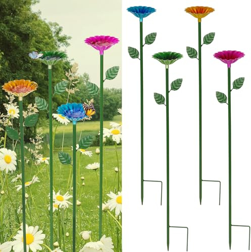 Whchiy 4 Stück Bienentränke für den Garten, Bienen Insektentränke Garten, Blumenform Bienenbecher, Schwimmende Bienentränken Balkon Gartendeko Metall Bienen Trinkbecher ( Rosa,Blau,Grün,Gelb)