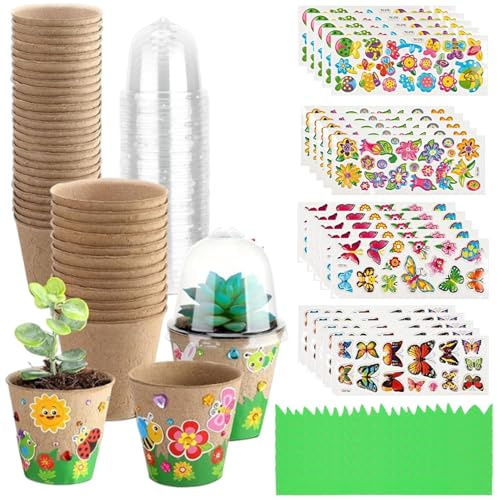 Renopfect Flower Pots for Painting for Children, 30 x Garden Pots with Greenhouse Hoods, Garden Craft Set with 20 Stickers for Educational Games and Outdoor Plant Activities