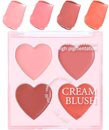 Cream Blush Palettes, 4-Color Contour Blushes Palette Matte Finish, Long-Wearing Buildable Cream Makeup, Lightweight Beauty Cosmetics for Women, Girls, Daily Use, Pink