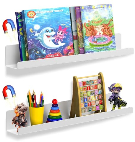 2er Set Magnetisches Wandregal Weiß, Schweberegal Metall mit Magneten, für Bücher, Spielzeug, Bilderleiste ohne Bohren, Regalbrett Weiß für Kinderzimmer, Küche, Büro,Wandregal zum Aufhängen (43cm)
