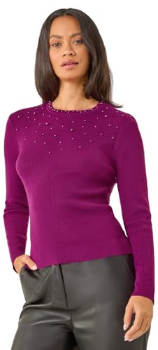 Dusk Fashion Crew Neck Pearl Knit Jumper for Women UK - Ladies Everyday Autumn Winter Crew Neckline Comfy Soft Evening Vacation Work Party Night Out - Magenta - Size 14