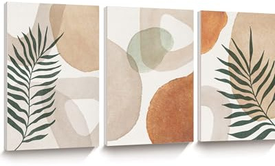 HesenDot 30x40CM Abstract Botanical Neutral Framed Wall Art Set of 3 | Palm Leaves in Earthy Green Tones Canvas Prints, Boho Aesthetic Wall Decor for Living Room Bedroom Bathroom Office Home
