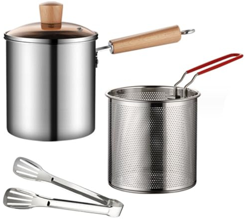 Friteuse avec panier et pince Friteuses à copeaux en acier inoxydable à poignée de 3 L avec couvercle en verre trempé Friteuse polyvalente large bouche non revêtue
