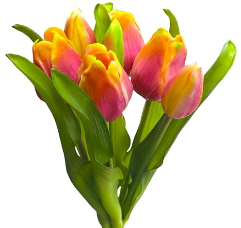 Floratexx Künstlicher Tulpen-Bund 32cm Soft-Touch Kunstblume, Kunstpflanze, künstliche Tulpe Lila-Gelb