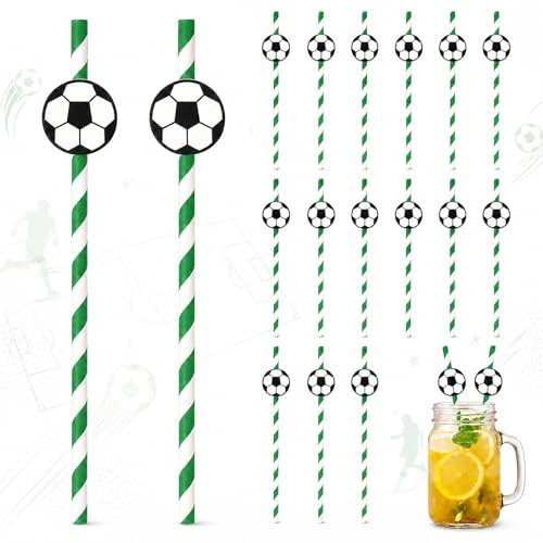 Ovanda 20 Stück Fußball Strohhalme, 3D Fußball Papierstrohhalme Grün Weiß | Papier Strohhalme Einweg mit Fußball Deko, Cocktail Strohhalme für Kindergeburtstag, Fussball Party, WM EM Deko