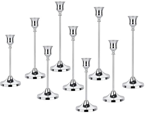 9 Stück Kerzenständer Set, Silber Kerzenständer aus Metall für Spitzkerzen; Vintage Kerzenhalter, Hohe & Kurze Candle Holders für Hochzeiten, Partys, Abendessen (Silber)