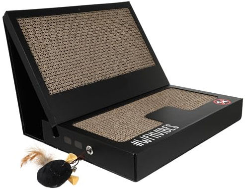 Mikikit Kratzpappe für Katzen Laptop Design mit Ausbalanciertem Faltbarem Karton und Teaser Stab Kreatives Katzenspielzeug für Zuhause in Schwarz
