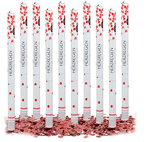 Relaxdays 10 x Party Popper 80 cm rote Herzen im Konfettikanonen Set, Konfetti Bombe für Hochzeit und Geburtstag, Konfetti Shooter 6-8 m Effekthöhe, rot metallic