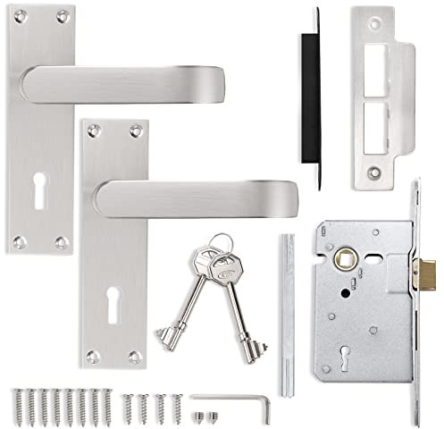Probrico Elegant Brushed Nickel Door Handles with Lock and Key, Complete Sets on Backplate 154mm X 40mm with 77mm Latch, for Internal or External Doors Requiring Key Locking, 1 Pack
