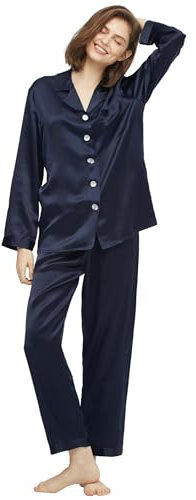 LilySilk Pyjama Soie Femme Ete Ensemble de Pyjama Long Soie Naturelle Pantalon Pyjama Classique Femmes Eté Haut Col Chemise Pantalon Fluide Pyjamas Femme Soie Véritable 19 Momme L Bleu Marine