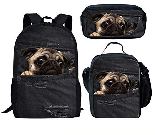 Chaqlin Denim Mops Schultaschen für Jungen Mädchen Hund Rucksack Kinder Lebensmittel Lagerung Mittagessen Taschen Federmäppchen EIN Satz