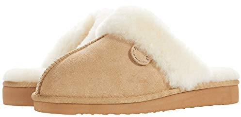 Dearfoams Damen Fireside Sydney Shearling Pelz Slipper für drinnen und draußen Breiten Hausschuh, Sand, 39 EU Weit