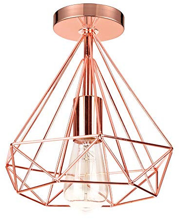 iDEGU Vintage Plafonnier Industrielle en Métal Lampe de Plafond Abat-jour Or Rose Moderne Diamant Cage Design Rétro Suspension Luminaire E27 pour Chambre Salon Café Bar, Ø 25CM