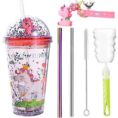 Unicorn Travel Tumbler Mug Pink Cup with Straw Kids Plastic Insulated Glitter Watter Bollter Toddler Ice Coffee Mugs Girl Drinkware (pink unicorn, 6.5 * 20cm)