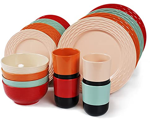 Melamine Dinnerware Set for 4-16 Pcs:Camping Dishes Set with Dinner Plates,Salad Plates,Cups and Bowls.Lightweight and Unbreakable.Indoor and Outdoor Use.