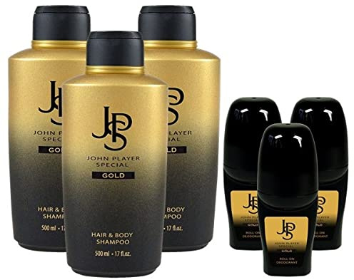 John Player Special Gold Hair & Body Shampoo 3x500 ml & Deo Roll-On 3x50 ml