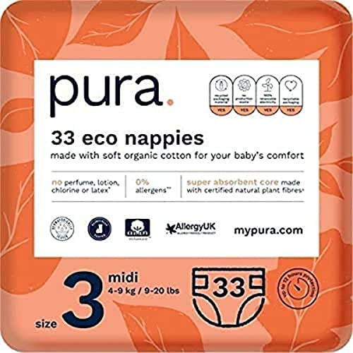 Pura Öko-Windeln Größe 3 (Midi 4-9 kg), 33 Windeln (1 Packung), mit EU Ecolabel Zertifiziert, für Empfindliche Haut, aus Bio-Baumwolle, Geruchsfrei, Hypoallergen, 12 Stunden Auslaufschutz