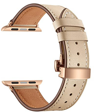 Correa de cuero para Apple Watch Band 45mm 44mm 42mm 49mm Correa de cuero genuino Pulsera de repuesto para iwatch Ultra Series 8 7 6 SE 5 4 3 2 1, Botón Rosa Albaricoque