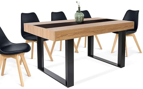 IDMarket PHOENIX - Mesa de comedor rectangular para 6 personas, madera y negro, 160 cm, con banda central negra