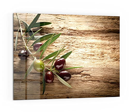 DEQORI Küchenrückwand Glas | Motiv Dekorativer Olivenzweig | 80x60 cm | Bad- oder Herd-Rückwand | Herdblende Spritzschutz für Küche & Badezimmer | moderne Deko für Fliesenspiegel