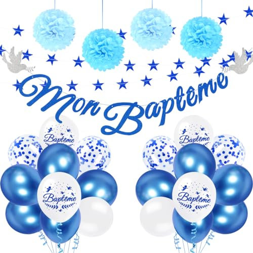 iZoeL Décoration Baptême Garçon Bleu Mon Baptême Ballon Confettis Fille Baby Shower Guirlande Étoile 4 m Pompom Papier de Soie Communion