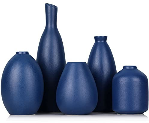 Vase blau - Set mit 5 blauen Keramik Knospenvasen, Moderne Bauernhaus - marineblaue dekorative Vasen für Zuhause, Büro, Wohnzimmer, Tischdekoration – ideale Tafelaufsätze für Blumen, Regal und