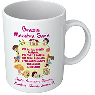 Tazza Grazie Maestra Personalizzata – Firme Bambini – Nome Maestra - Pazienza - Sorrisi - Aiutato bambini a crescere - Frasi - Disegni - Insegnante Figlio Piccolo - Cup - Idea Regalo Maestre