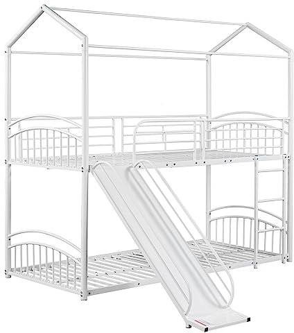 Azkoeesy Etagenbett mit Rutsche für 2 Kinder, 90 x 200 cm, Metall Kinderbett, Hausbett, mit Lattenrost, Rausfallschut und Gitter, umwandelbarer Bettrahmen, weiß
