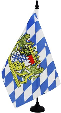 AZ FLAG - Tischflagge Bayern mit Löwe, 21 x 14 cm – kleine Bayerische Büroflagge, 100% Polyester, mit Fahnenstange von 25 cm und Sockel aus schwarzem Kunststoff