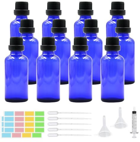 Episkey 12 Stück Blauglasflasche Tropfflasche aus Glas Blau Apothekerflasche Set inkl. kleine Glasflaschen Tropfer Trichter Spritze und Etikett (Blau, 50ml)