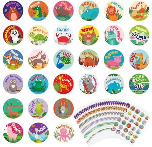 Newofview 900 Stück Motivationsaufkleber für Kinder, Tier Belohnungsaufkleber, Lehrer Belohnung Aufkleber Lehrer Sticker Belohnungsaufkleber Deutsch Belohnungssticker Reward Sticker Lehrerbedarf